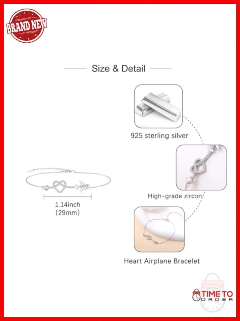 925 Sterling Silver Heart Airplane Bracelet Link Chain Aviation Gift
